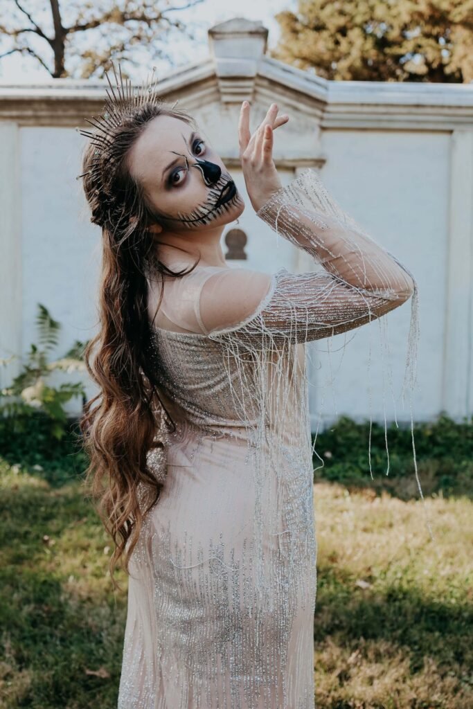 A woman is dressed up in a sexy Corpse bride Halloween costume