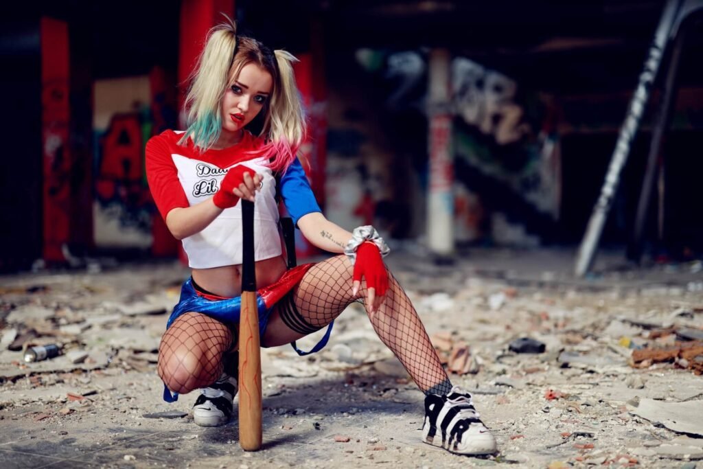A woman is dressed up as one of Halloween's popular female Halloween characters Harley Quinn.