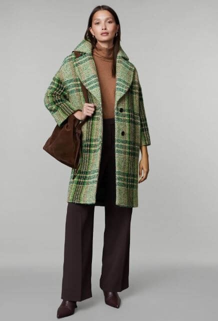 Autumn coats, a woman wears checked longline boyfriend coat.