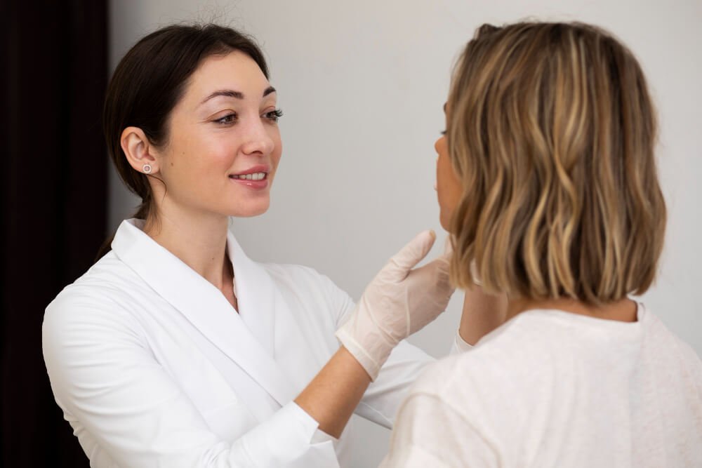 What happens before an enzyme facial?
A dermatologist conducts a skin consultation on a client.