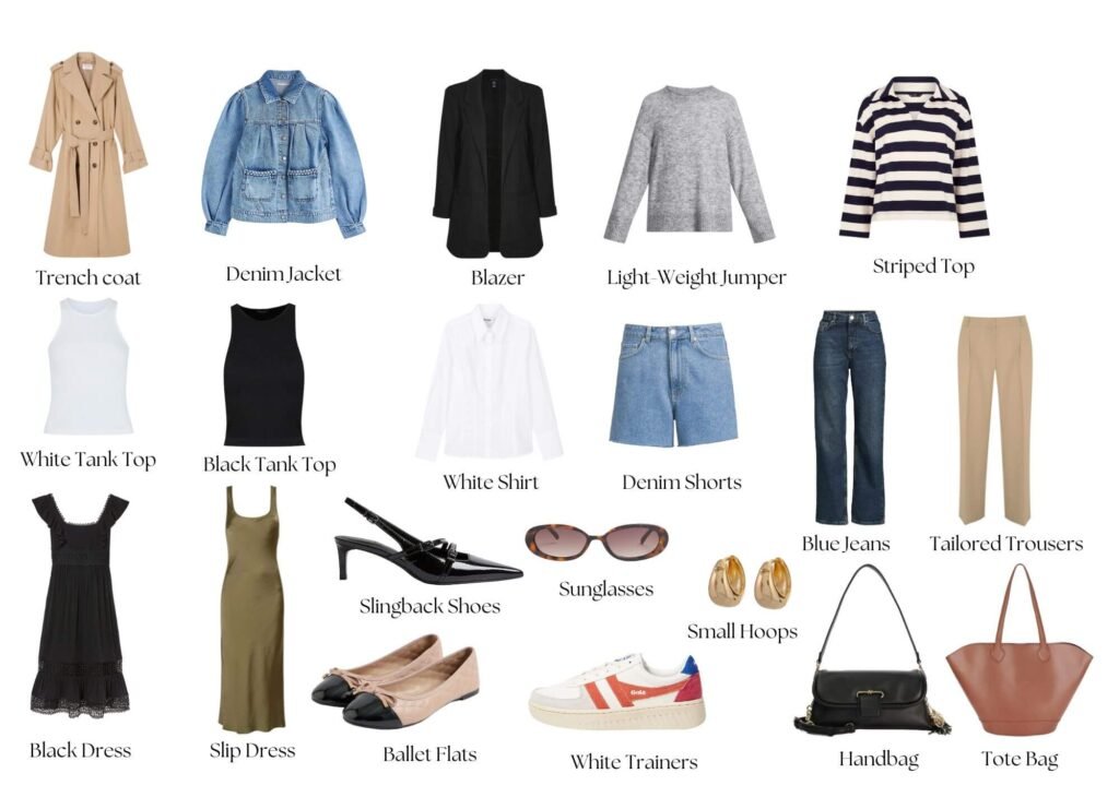A Selection of clothes and accessories to include in Spring Capsule Wardrobe