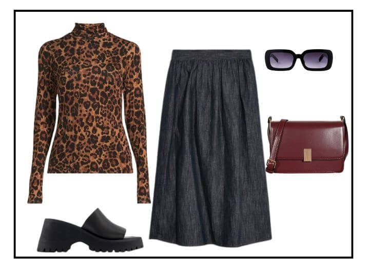 Brunch outfit, leopard print long-sleeved top black maxi skirt, a pair of black chunky open-toe mules, and a burgundy leather look cross-body bag.