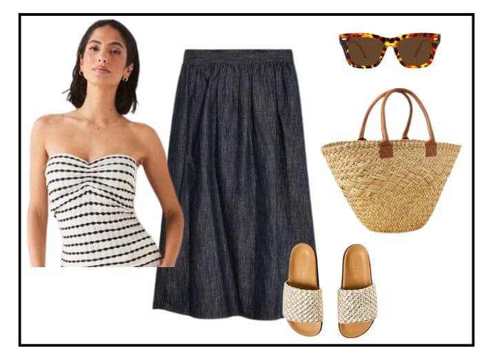 Day time holiday outfit, a black and white striped tube top, black maxi skirt, a pair of gold slider style sandals, a pair of brown sunglasses and a basket bag.