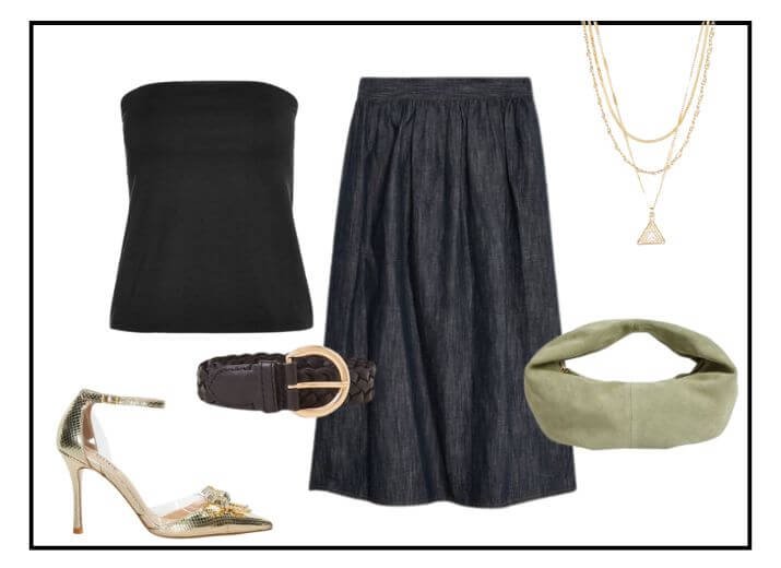 A glam night out outfit, a black tube top, black maxi skirt, gold heels, a black a black leather belt and a olive green suede small bag.