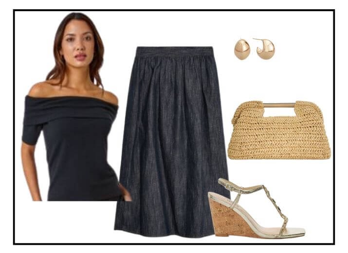 Evening holiday outfit, a black bandeau top, black maxi skirt, gold wedges, a beige clutch bag and small gold earrings.