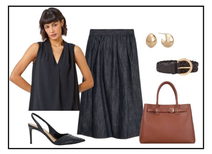 A collage of clothes to wear at the office, a black sleeveless shirt, black maxi skirt, brown tote bag, black kitten heeled sling back shoes, small gold earrings and a black belt.