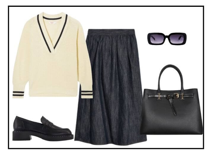 A preppy outfit with a white V-neck jumper, black maxi skirt, black loafers, a black tote bag and black sunglasses.