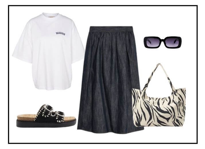 Running errands outfit, white t-shirt, black maxi skirt, a zebra print shopper bag, blag sunglasses, and back double buckled sandals.