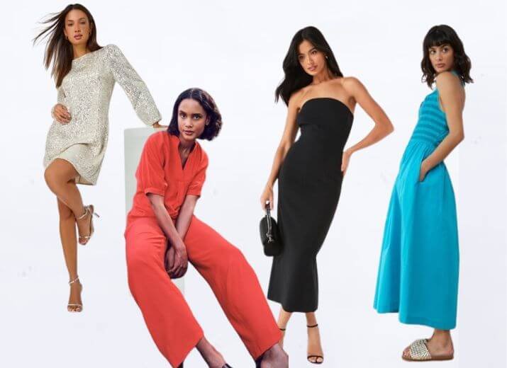A selection of models wear glamourous outfits, including a silver sequin dress, a red co-ord set, a strapless mid-length dress, and a cobalt blue sundress.
What to wear on holiday in the evening: 12 pieces to pack
