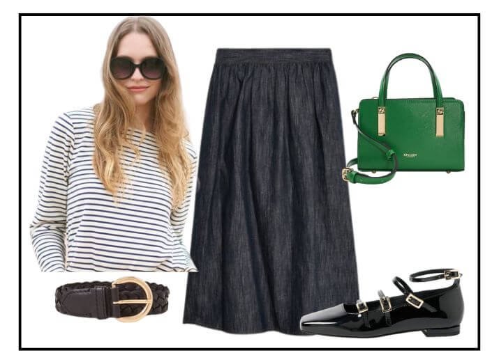 Parisian chic outfit, black and white striped long-sleeved top, a black maxi skirt, a back belt, a small green tote bag, and pair of black buckled ballet flats.