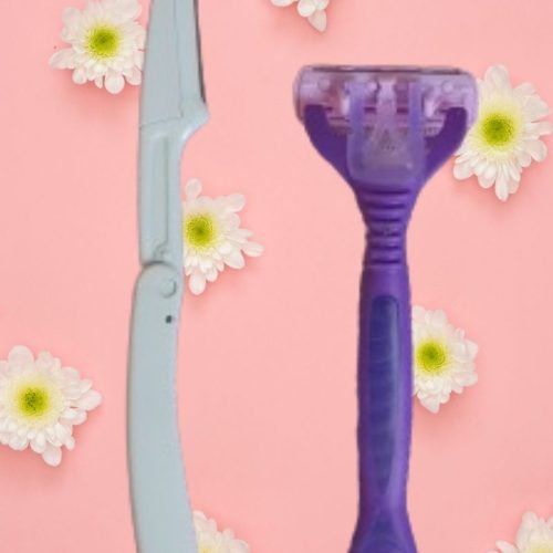 A dermablading tool and a razor next to each other. Dermablading vs shaving your face