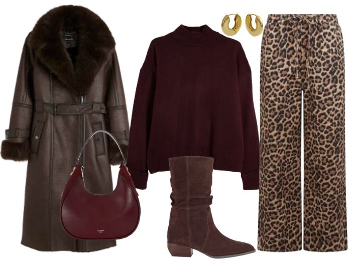 How to style leopard print jeans with a brown and burgundy palette