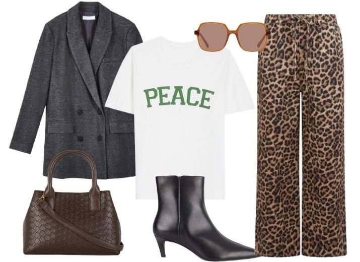 How to style leopard print jeans with a graphic t-shirt and a blazer