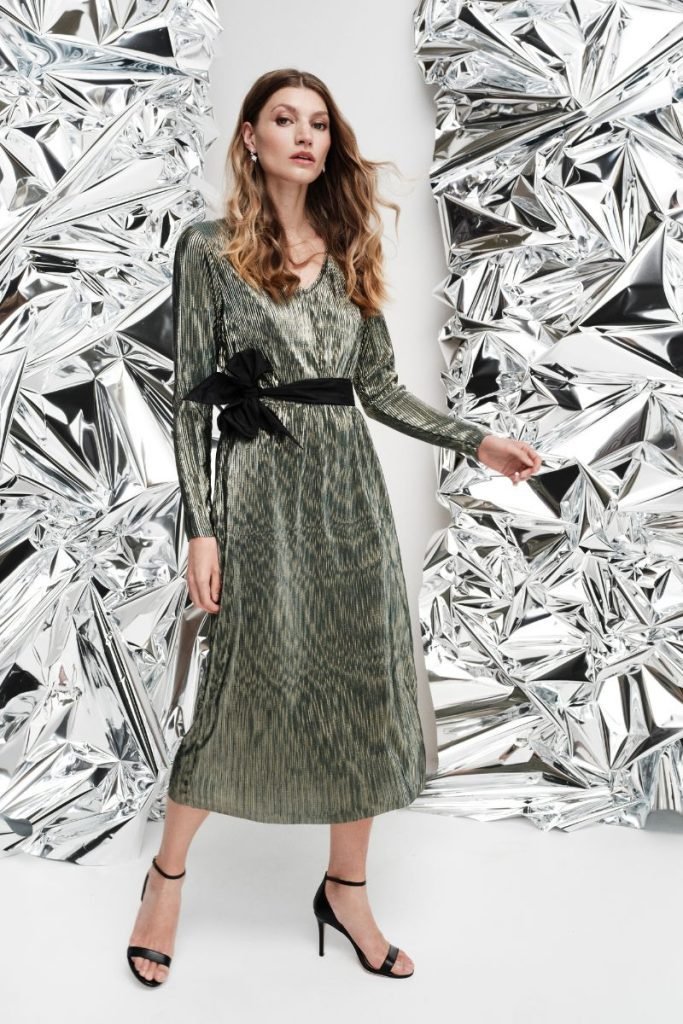 Christmas party dresses for 2024: Silver wrap dress.