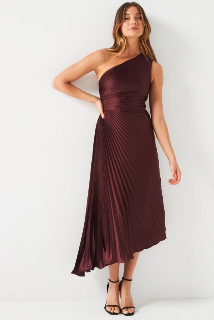 Christmas party dresses for 2024: One Shoulder Pleated Satin Midi-Dress