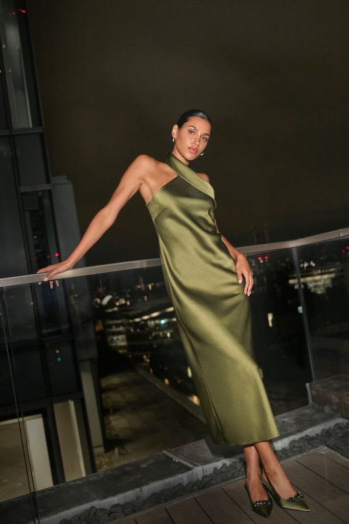 Christmas party dresses for 2024: Halter Satin Midi-Dress
