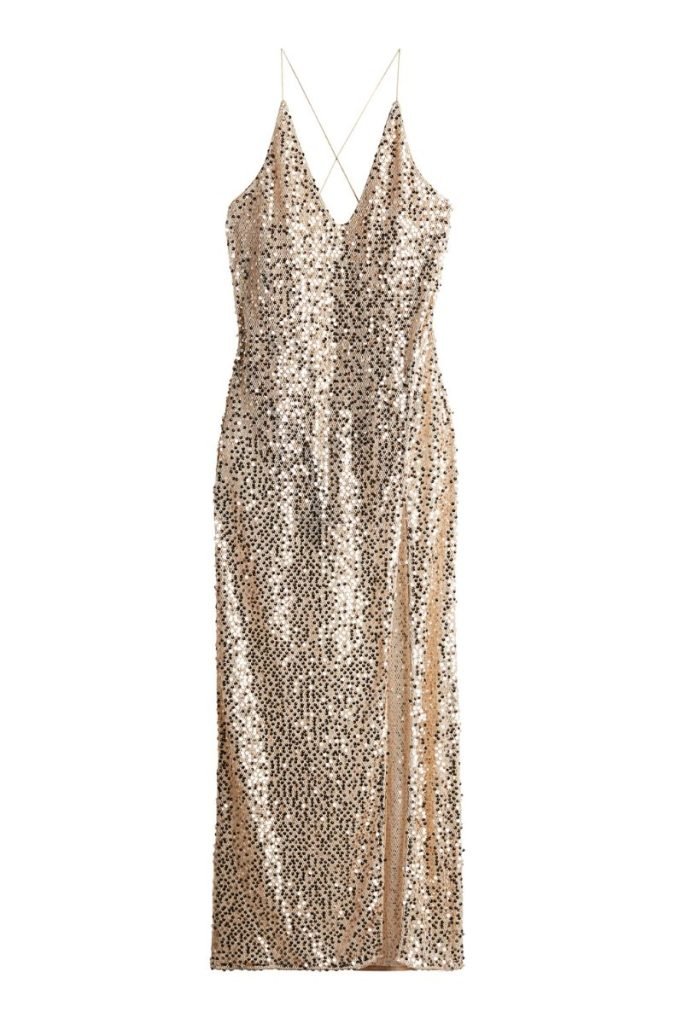 Christmas party outfits: Gold sequin midi dress