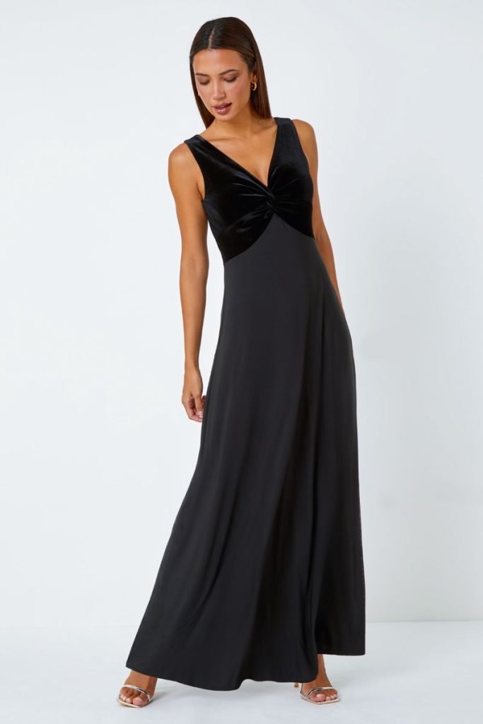 Christmas party outfits: Black velvet twist front maxi dress