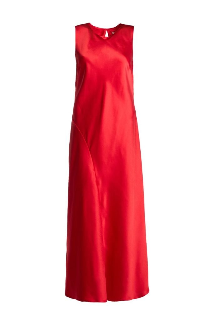Christmas party outfits: Red satin long dress