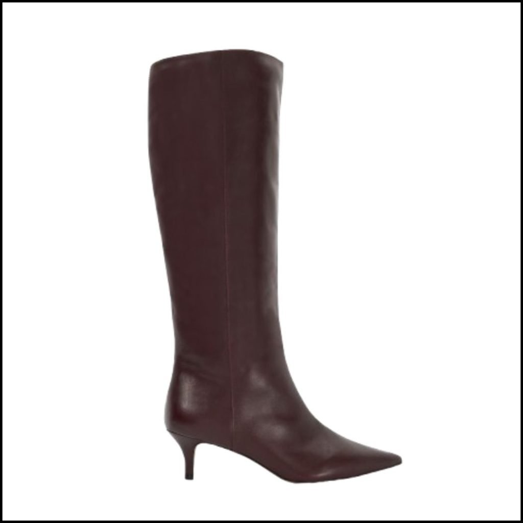 Leather dark red kitten heel knee-high boots