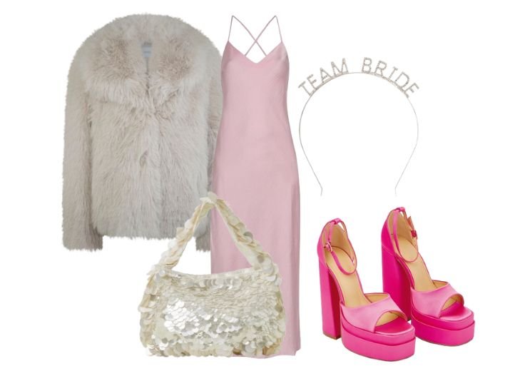 How to style a slip dress, a cute bridal shower outfit, with pink platform shoes, a sequin bag, a faux cream fur coat and silver "Team Bride" headband,