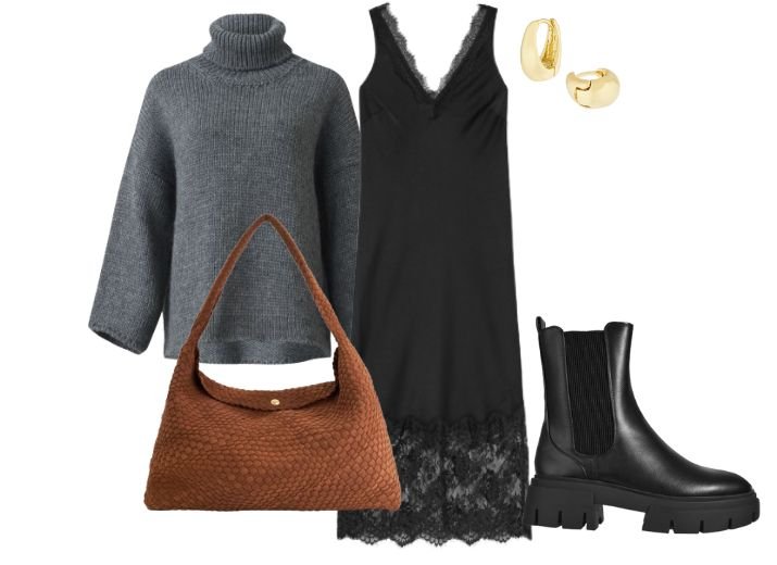 How to style a slip dress: Casual and cosy, with a black slip dress, grey wool roll neck jumper, brown suede bag, and black chunky boots.