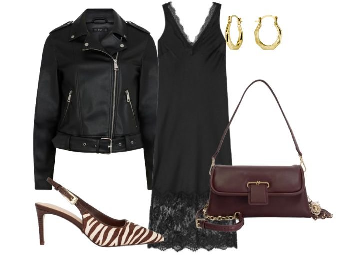 How to style a slip dress with a black slip dress, leather jacket, dark brown handbag, and zebra slingback heels.