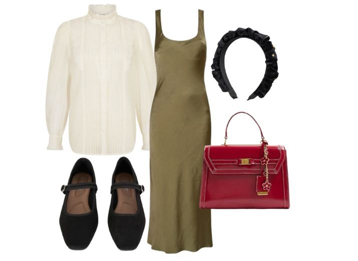 How to style a slip dress with feminine layers, with an olive green slip dress, white blouse, black Mary Jane shoes, a black headband, and cherry red handbag.