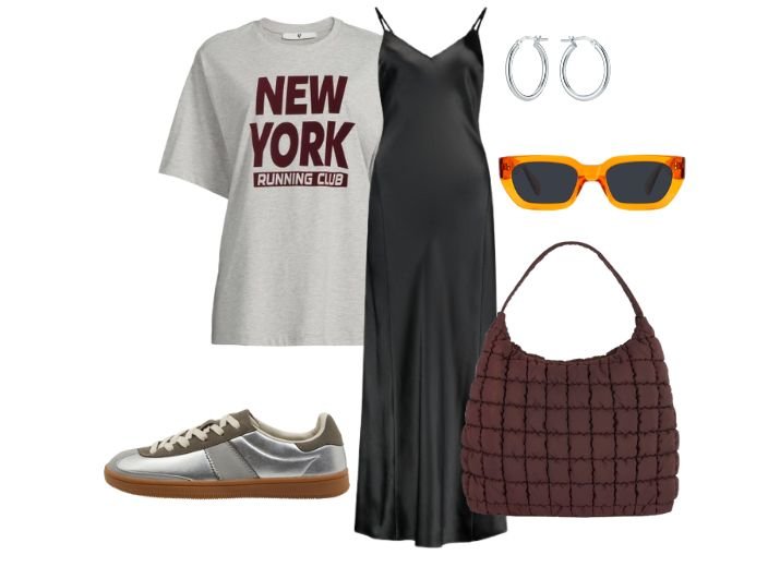 How to style a slip dress: With a long black slip dress, a graphic t-shirt and silver trainers.