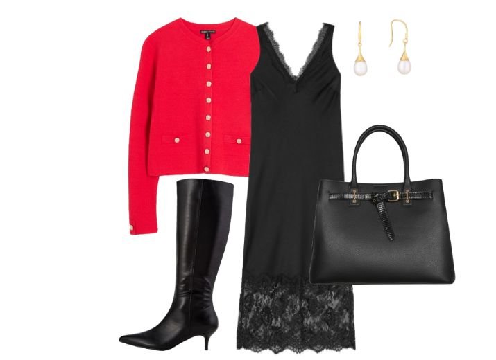 How to style a slip dress: Polished and elegant with a black slip dress, red crew-neck cardigan, black knee-high boots, and a tote handbag.
