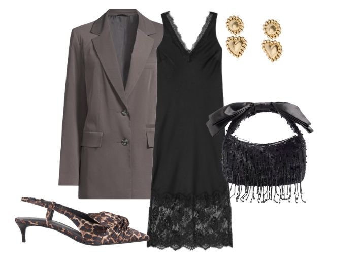 How to style a slip dress: A glamorous outfit that's a bit special with a black slip dress, grey blazer, leopard print slingback kitten heels and a black glitzy bag.