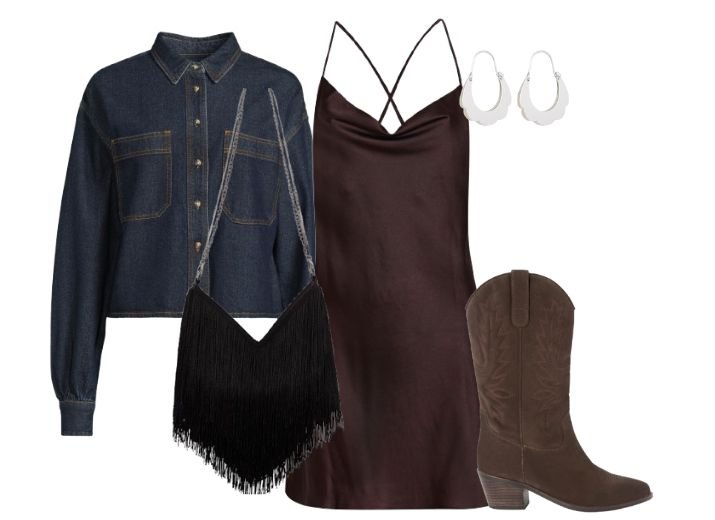 How to style a slip dress: A western inspired look with a maroon mini slip dress, cowboy boots, denim shirt, and a fringed suede bag,