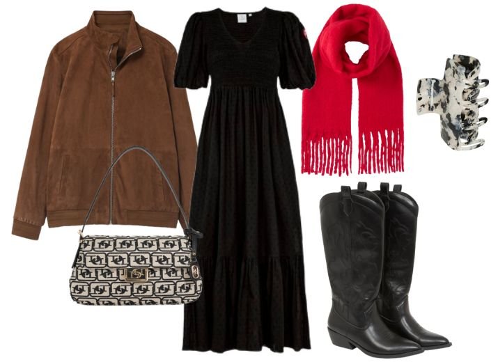 How to wear a maxi dress in winter: Cowboys boots and colourful scarf