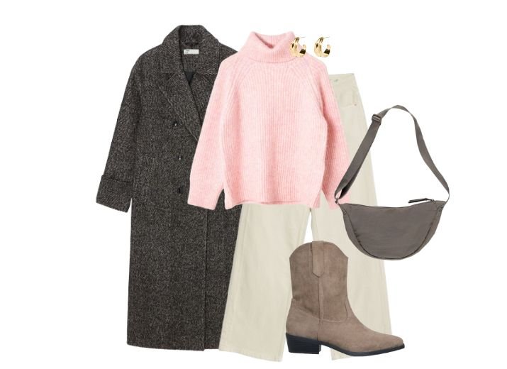 A modest outfit with a pop of pink, a baby pink oversized roll-neck jumper, a pair of cream wide-leg jeans, a mocha coloured cross-body bag, a long grey coat, a pair of brown suede western boots and a small pair of gold hoop earrings.