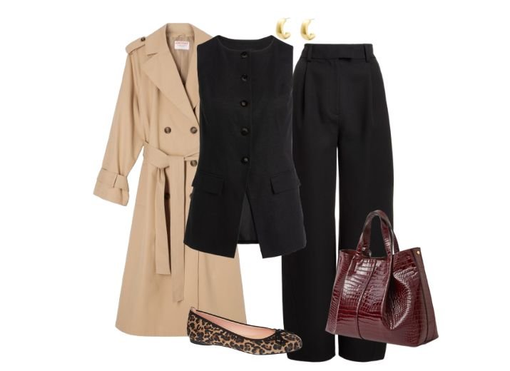 An after work drinks modest outfit, a long tan trench coat, a long black sleeveless waistcoat, black tailored trousers, a pair of leopard print ballet flats, a burgundy croc tote bag and a pair of gold chunky hoop earrings.