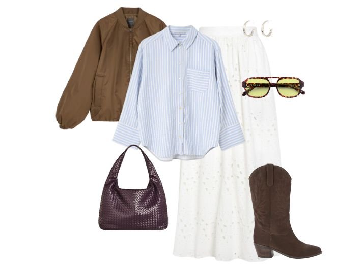 A boho chic modest outfit, a white maxi skirt, an oversized blue striped shirt, a brown bomber jacket, a burgundy woven shoulder bag, brown suede cowboy boots, aviator style sunglasses, and a pair of silver hoop earrings.