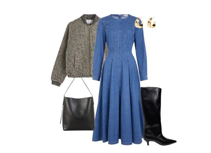 A modest date night look, a maxi denim dress, black knee high boots with a kitten heel, a black leather bucket bag, a checked bomber jacket and a pair of small gold hoop earrings.
