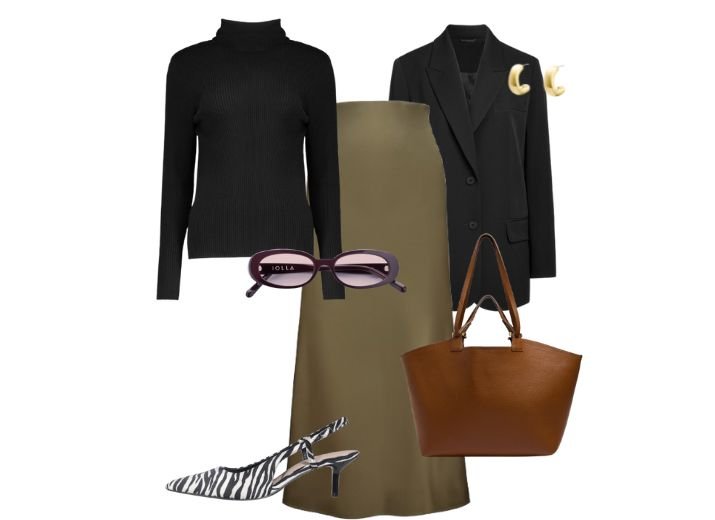 A modest office outfit, a green satin maxi skirt, a black roll-neck jumper, a black blazer, a tan tote bag, a pair of zebra print kitten heels, with a pair of oval sunglasses and a chunky pair of gold hoops.
