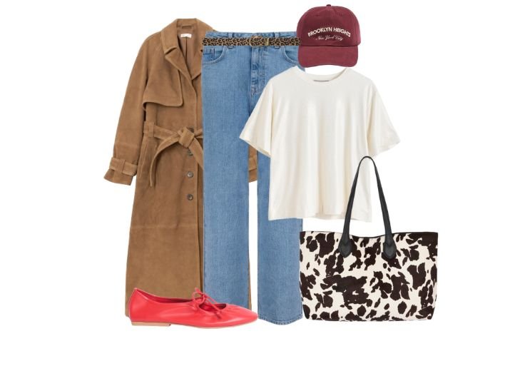 A modest running errands outfit, blue straight jeans with a leopard print belt, a long brown suede trench coat, a white t-shirt, a burgundy baseball cap, a pair of red leather flat pumps and a large cow print tote bag.