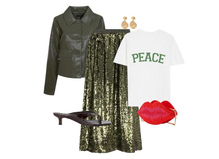 A going out modest outfit, a green sequin midi skit, a olive green leather jacket, a pair of croc kitten heel mules, a white t-shirt with a 'peace' slogan, and beaded red lip shaped bag and a pair of gold statement earrings.