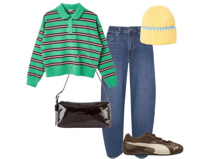 What to wear on a coffee date:
A green striped rugby top, blue barrel jeans, a lemon wool beanie hat, a patent brown bag, and pair of brown and white Puma trainers.