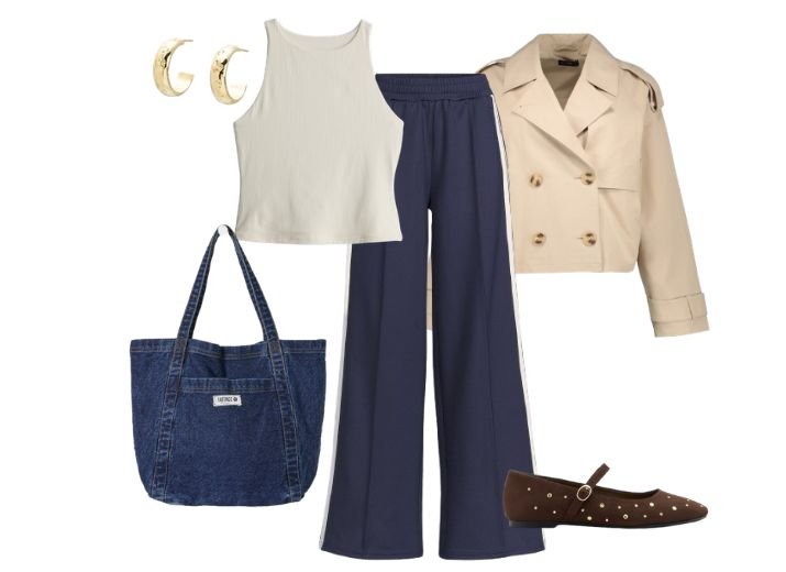 What to wear on a coffee date
A pair of wide leg joggers, a cropped trench coat, a white vest top, a denim totbaf, brown studded ballet flats and gold hoop earrings.