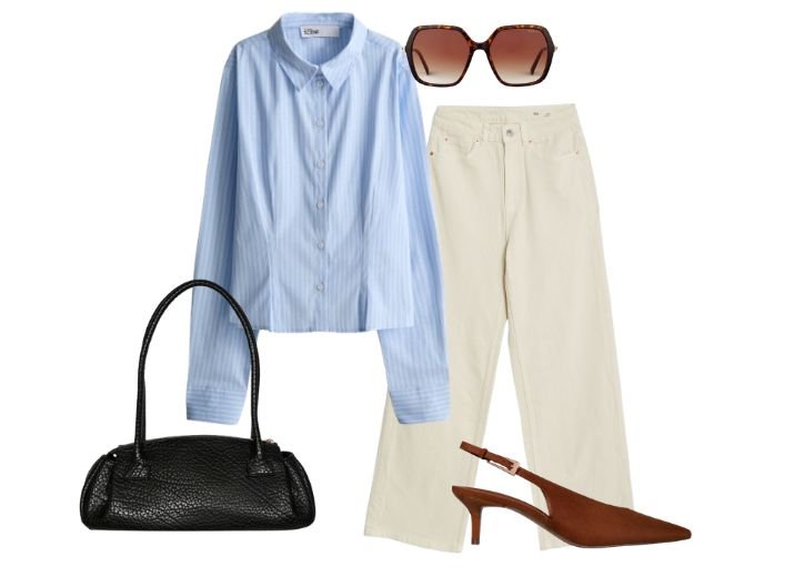 What to wear on a coffee date:
A blue and white stripe shirt, a black bowler bag, cream wide leg jeans, brown suede kitten heeled mules, and square ovrsized sunglasses.