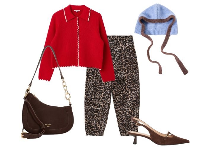 What to wear on a coffee date
Barrel leopard print jeans, a red collared cardigan, a brown suede saddle style handbag, pointy brown kitten heels, a blue wool hooded bonnet.