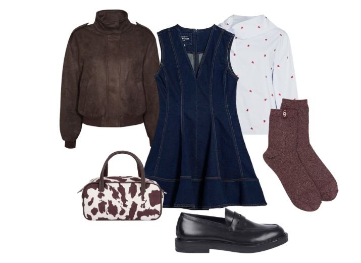 What to wear on a coffee date
A sleeveless denim mini dress, a white and red spotted shirt, black loafers, brown socks, a brown leather jacket, a cow print bag.