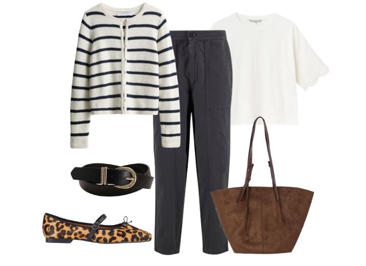 What to wear on a coffee date
A black and white striped cardigan, black tailored trousers, a white t-shirt, leopard print ballet flats, a black and silver belt and a brown suede tote bag.