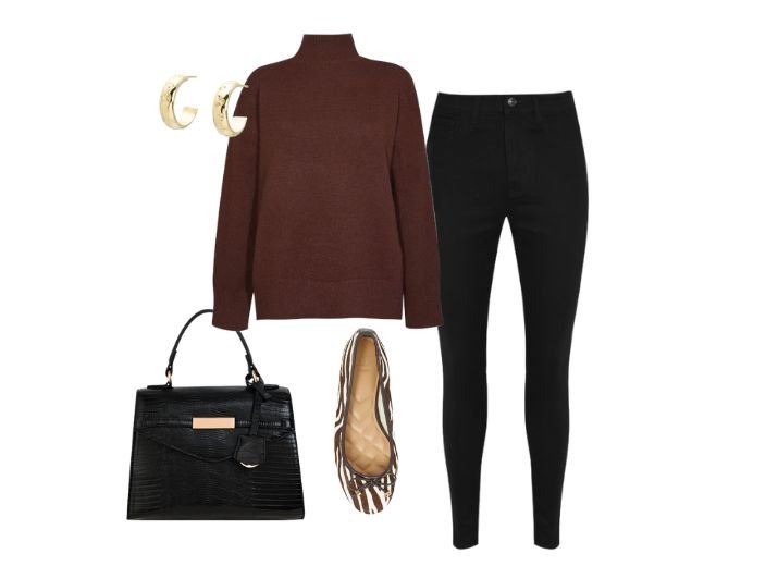 What to wear on a coffee date
A dark brown roll-neck jumper, black skinny jeans zebra print ballet flats, and a black croc tote bag.