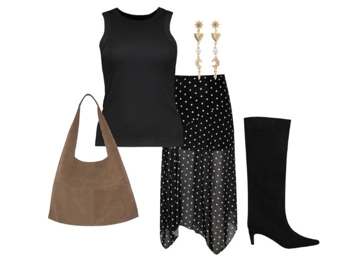 What to wear on a coffee date
A black tank top, a balck and white polka dotted midi skirt, black leather heeled knee-high boots, a brown suede tote bag, long dangly earrings.