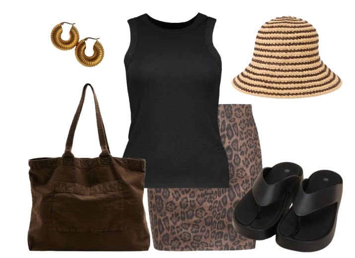 9 leopard skirt outfit ideas: Flat lay incluidng a black fitted vestm a brown suede shopper bag, chunky black sandals, a staw bucket hat, and chunky gold earrings. 