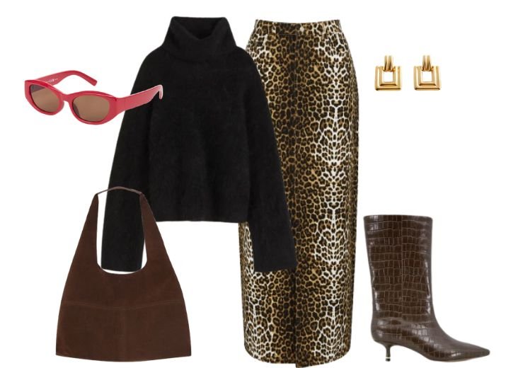 9 leopard skirt outfit ideas: Flat lay including a midi leopard print skirt, a balck roll neck jumper, brown mid-calf boots, a suede brown tote bag, red sunglasses and  gold square shaped earrings. 